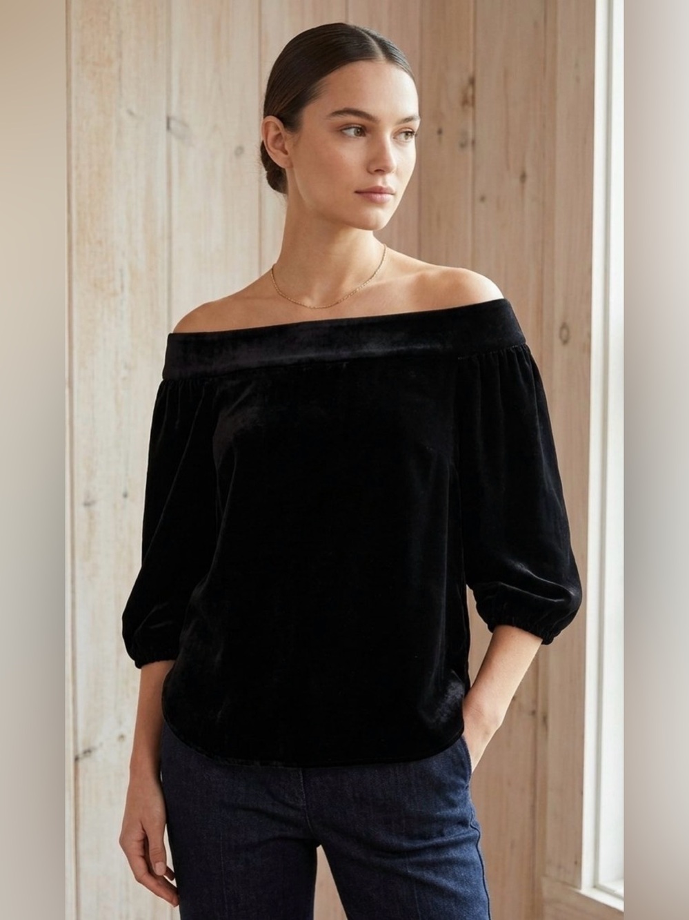 Tibi Black Velvet Off-the-Shoulder Peasant Blouse SZ 6